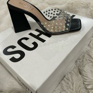 SCHUTZ Black and Clear Studded Heels